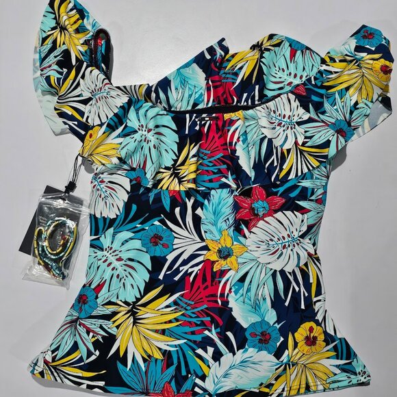 Tommy Hilfiger Printed Off-the-Shoulder Flounce Tankini Top - Picture 7 of 9